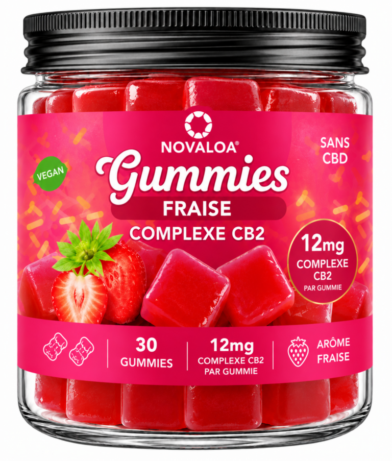 Pot de gummies Complexe CB2 Novaloa Fraise, couvercle aluminium noir