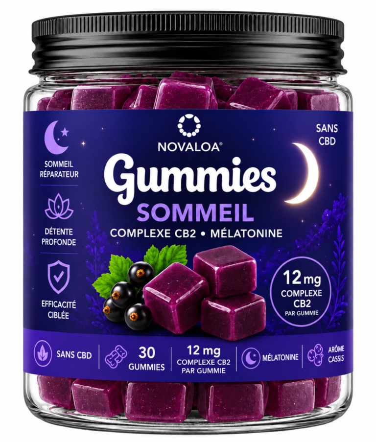Pot de gummies Complexe CB2 Novaloa Sommeil, couvercle aluminium noir