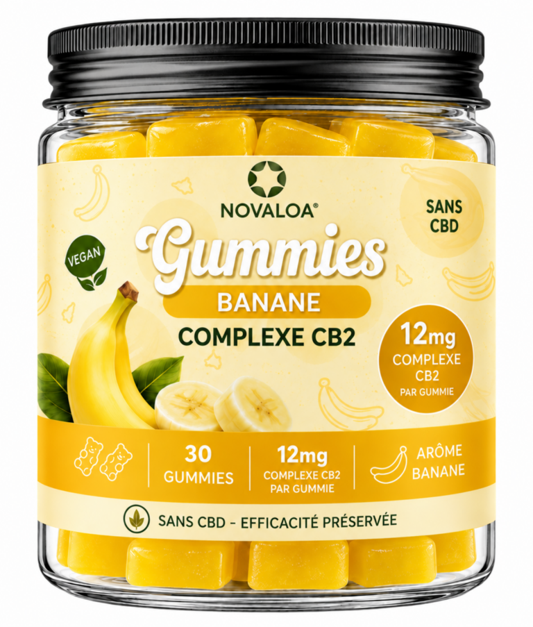 Pot de gummies Complexe CB2 Novaloa Banane, couvercle aluminium noir