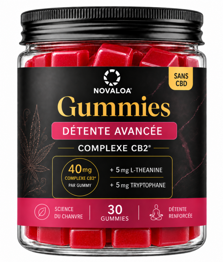 Pot de gummies Complexe CB2 Novaloa Détente avancée Framboise, couvercle aluminium noir