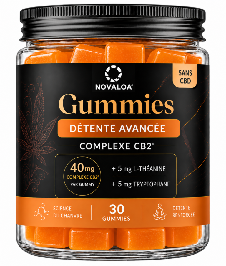 Pot de gummies Complexe CB2 Novaloa Détente avancée Pêche Ananas, couvercle aluminium noir